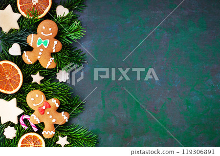 Background of many different homemade sweet Christmas cookies, top view, copy space, holiday concept 119306891