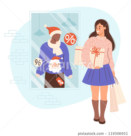 Happy woman shopper with packages and gift near showcase New Year store. Mannequin in hat and festive Christmas ugly sweater with Santa with tag sale. Holiday shopping. Vector illustration. 119306931