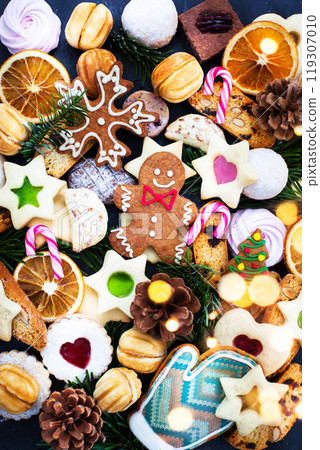 Many different sweet Christmas cookies, top view, holiday concept 119307010