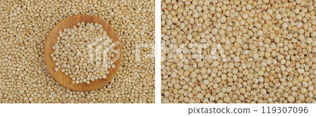 background of sorghum seeds with wooden bowl. Top view. Flat lay. 119307096
