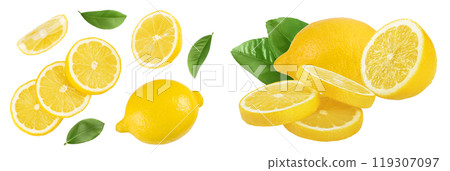 Ripe lemon with slices isolated on white background with full depth of field. Top view. Flat lay Ripe lemon with slices isolated on white background with full depth of field. Top view. Flat lay 119307097