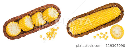 ear of corn in a wicker basket isolated on a white background. Top view. Flat lay 119307098