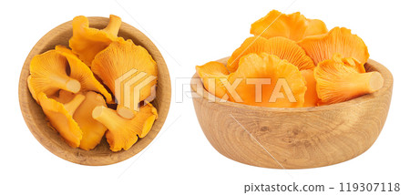 Chanterelle mushroom in wooden bowl isolated on a white background. Top view. Flat lay Chanterelle mushroom in wooden bowl isolated on a white background. Top view. Flat lay 119307118