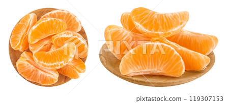 Tangerine or clementine slices in wooden bowl isolated on white background with full depth of field. Top view. Flat lay Tangerine or clementine slices in wooden bowl isolated on white background with full depth of field. Top view. Flat lay 119307153