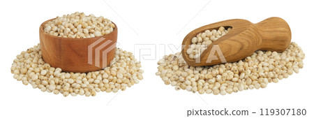 Sorghum seeds in wooden bowl and scoop isolated on white background with full depth of field. 119307180