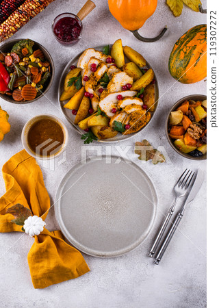 Traditional Thanksgiving day dinner with turkey 119307272