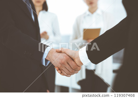 Businessman and woman shaking hands with colleagues at the background. Handshake at meeting in office. Concept of success in business 119307408