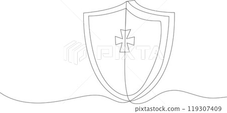 continuous line drawing of a shield with a cross at its center. The design is rendered using a single, unbroken line, creating a clean and minimalist look. 119307409
