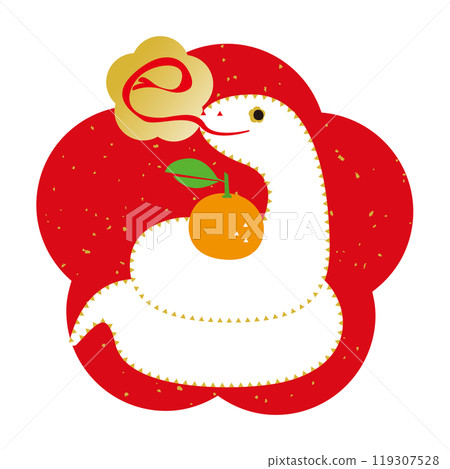 蛇年形象_蛇形可愛白蛇與鏡餅_紅梅花形背景金箔 蛇年形象_蛇形可愛白蛇與鏡餅_紅梅花形背景金箔 119307528