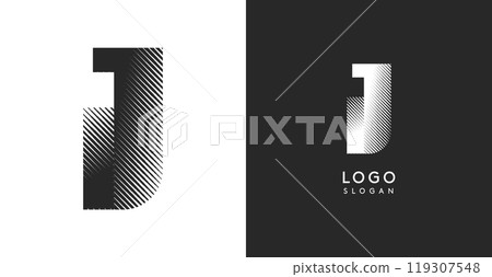 J vector letter. Sharp contrast monogram strike diagonal hatching for industrial yet modern look. High bold logo template. Logotype concept design for brand in tech, architecture, fashion J vector letter. Sharp contrast monogram strike diagonal hatching for industrial yet modern look. High bold logo template. Logotype concept design for brand in tech, architecture, fashion 119307548