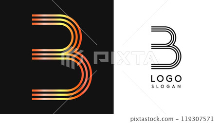 Minimalistic striped letter B, three lines monogram, shiny luxurious metallic gloss color logo for premium brand of jewels, fashion and beauty. Modern retro avant-garde identity. Vector illustration. Minimalistic striped letter B, three lines monogram, shiny luxurious metallic gloss color logo for premium brand of jewels, fashion and beauty. Modern retro avant-garde identity. Vector illustration. 119307571