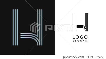 Minimalistic striped letter H, three lines monogram, shiny luxurious metallic gloss color logo for premium brand of jewels, fashion and beauty. Modern retro avant-garde identity. Vector illustration. Minimalistic striped letter H, three lines monogram, shiny luxurious metallic gloss color logo for premium brand of jewels, fashion and beauty. Modern retro avant-garde identity. Vector illustration. 119307572