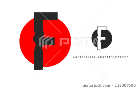 Letter F silhouette on red sun, twisting alphabet. Japanese logo for sushi roll restaurant logo, asian cultural event logotype. Vector logo and typeset Letter F silhouette on red sun, twisting alphabet. Japanese logo for sushi roll restaurant logo, asian cultural event logotype. Vector logo and typeset 119307590