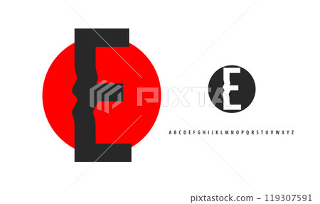 Letter E silhouette on red sun, twisting alphabet. Japanese logo for sushi roll restaurant logo, asian cultural event logotype. Vector logo and typeset Letter E silhouette on red sun, twisting alphabet. Japanese logo for sushi roll restaurant logo, asian cultural event logotype. Vector logo and typeset 119307591