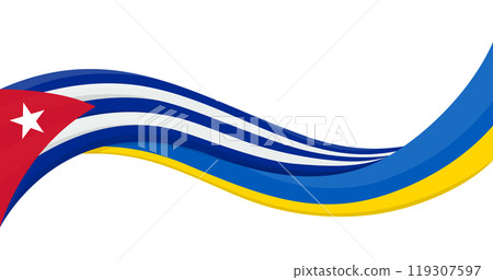 Wavy ribbon banner of Ukraine National flag with Cuba National Flag. Unity and cooperation symbol. Logo for charity social events, NGO, sports team, peace summit. Vector illustration. Wavy ribbon banner of Ukraine National flag with Cuba National Flag. Unity and cooperation symbol. Logo for charity social events, NGO, sports team, peace summit. Vector illustration. 119307597