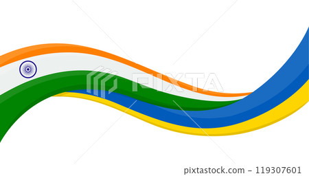 Wavy ribbon banner of Ukraine National flag with India National Flag. Unity and cooperation symbol. Logo for charity social events, NGO, sports team, peace summit. Vector illustration. Wavy ribbon banner of Ukraine National flag with India National Flag. Unity and cooperation symbol. Logo for charity social events, NGO, sports team, peace summit. Vector illustration. 119307601