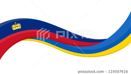 Wavy ribbon banner of Ukraine National flag with Liechtenstein National Flag. Unity and cooperation symbol. Logo for charity and social events, NGO initiative, sport teams. Vector illustration. 119307616
