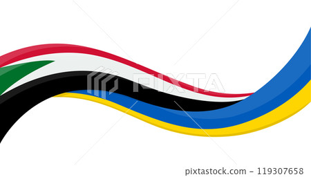 Wavy ribbon banner of Ukraine National flag with Sudan National Flag. Unity and cooperation symbol. Logo for charity and social events, NGO initiative, peace summit, sport teams. Vector illustration. Wavy ribbon banner of Ukraine National flag with Sudan National Flag. Unity and cooperation symbol. Logo for charity and social events, NGO initiative, peace summit, sport teams. Vector illustration. 119307658