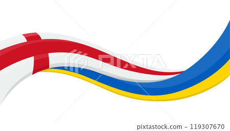 Wavy ribbon banner of Ukraine National flag with England National Flag. Unity and cooperation symbol. Logo for charity and social events, NGO initiative, sport teams. Vector illustration. 119307670