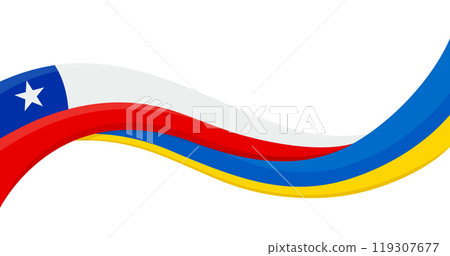 Wavy ribbon banner of Ukraine National flag with Chile National Flag. Unity and cooperation symbol. Logo for charity social events, NGO, sports team, peace summit. Vector illustration. 119307677