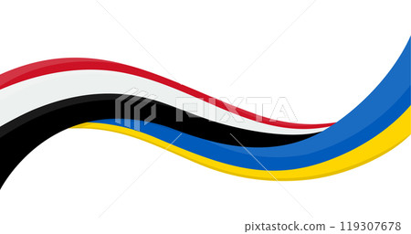 Wavy ribbon banner of Ukraine National flag with Yemen National Flag. Unity and cooperation symbol. Logo for charity social events, NGO, sports team, peace summit. Vector illustration. 119307678