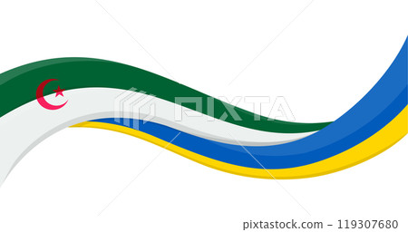 Wavy ribbon banner of Ukraine National flag with Algeria National Flag. Unity and cooperation symbol. Logo for charity social events, NGO, sports team, peace summit. Vector illustration. 119307680