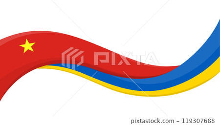 Wavy ribbon banner of Ukraine National flag with Vietnam National Flag. Unity and cooperation symbol. Logo for charity and social events, NGO initiative, sport teams. Vector illustration. 119307688