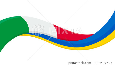 Wavy ribbon banner of Ukraine National flag with Liechtenstein National Flag. Unity and cooperation symbol. Logo for charity social events, NGO, sports team, peace summit. Vector illustration. 119307697