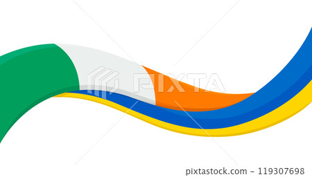 Wavy ribbon banner of Ukraine National flag with Ireland National Flag. Unity and cooperation symbol. Logo for charity social events, NGO, sports team, peace summit. Vector illustration. 119307698