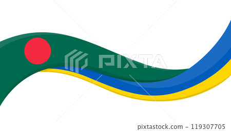 Wavy ribbon banner of Ukraine National flag with Bangladesh National Flag. Unity and cooperation symbol. Logo for charity social events, NGO, sports team, peace summit. Vector illustration. 119307705