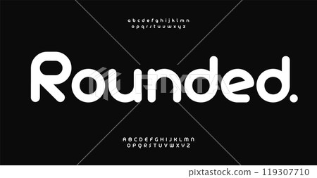 Rounded sans serif font, minimalistic geometric letters, softened sleek design for contemporary logo, bold headline, clean typography. Stylish readable unadorned clarity alphabet. Vector typeset 119307710
