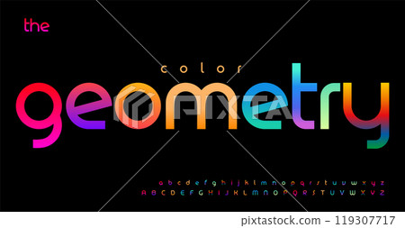 Geometric colorful alphabet, vibrant playful letters, bold bauhaus style font for vivid branding of media, entertainment, advertising, multimedia, education, kid toy. Vector typeset. Geometric colorful alphabet, vibrant playful letters, bold bauhaus style font for vivid branding of media, entertainment, advertising, multimedia, education, kid toy. Vector typeset. 119307717
