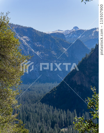 Sunny high angle view of the landscape at Yosemite National Park 119307900