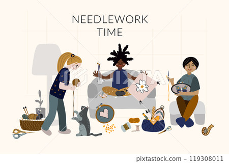 Group girls cat making needlework vector artwork 119308011