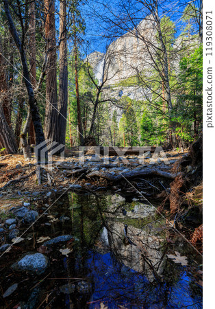 Sunny view of the Lower Yosemite Falls in Yosemite National Park 119308071