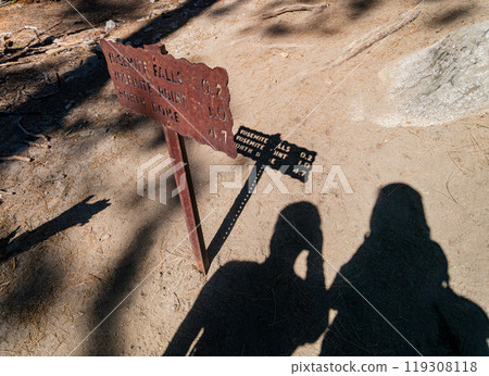Close up shot of the signage of The fall at Yosemite National Park 119308118