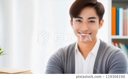 年輕人微笑著看著相機。明亮的內飾 119308198