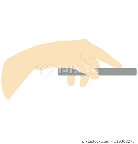 A color illustration with few lines showing a hand holding a smartphone screen from the side A color illustration with few lines showing a hand holding a smartphone screen from the side 119308273