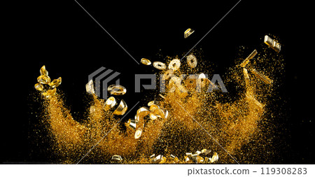 Gold Ingot Chinese Money bar token fly with dust particle in air. Chinese new year Yuanbao gold ingots floating to golden money sand particle. Language is wealthy prosperity. Black background isolated 119308283