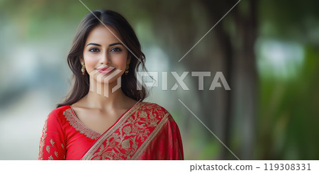 Portrait of a Woman in Traditional Red Saree 119308331