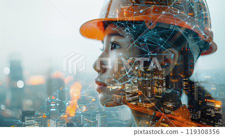Double exposure of the female engineer and construction site 119308356