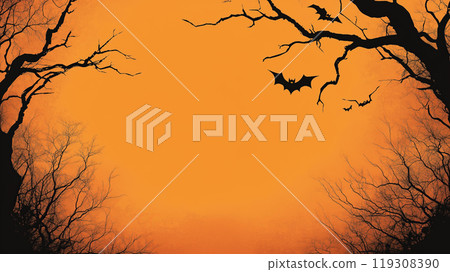Halloween Silhouette with Bats and Trees on Orange Background 119308390