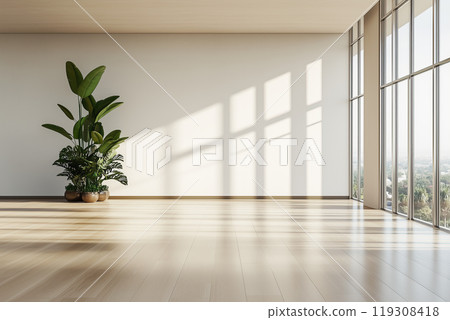 Bright Minimalist Room with Large Windows and Plants 119308418
