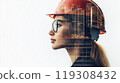 A female engineer wearing a hard hat, with a double exposure effect combining her face and construction projects 119308432