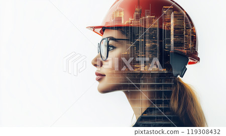 A female engineer wearing a hard hat, with a double exposure effect combining her face and construction projects 119308432