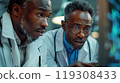 Two doctors are engaged in a serious discussion in a neuroscience laboratory 119308433