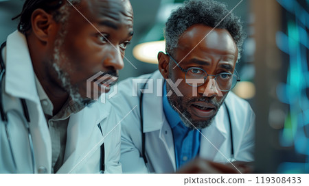Two doctors are engaged in a serious discussion in a neuroscience laboratory 119308433