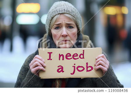 Woman Holding I Need a Job Sign Woman Holding I Need a Job Sign 119308436