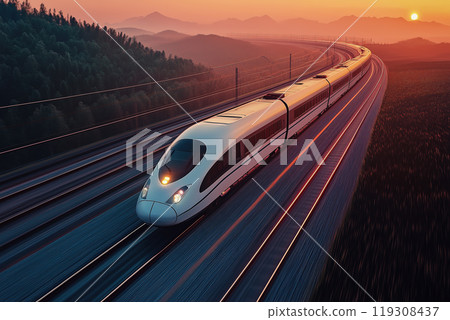High-Speed Train Cutting Through a Scenic Landscape 119308437