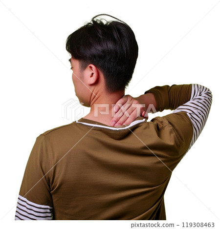 Back view of a man with his hands on his neck Back view of a man with his hands on his neck 119308463